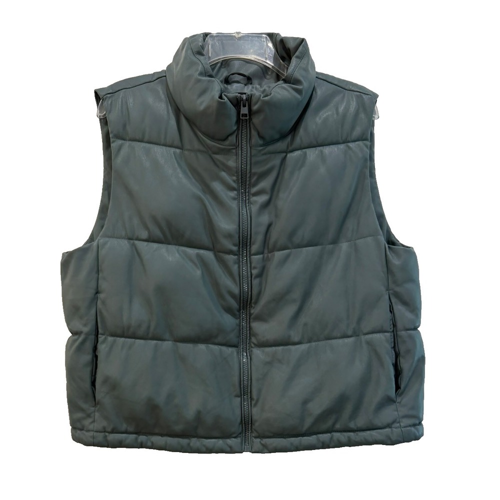 7 for All Mankind Size Large Faux Leather Puffer Quilted Zip Vest Sage Green